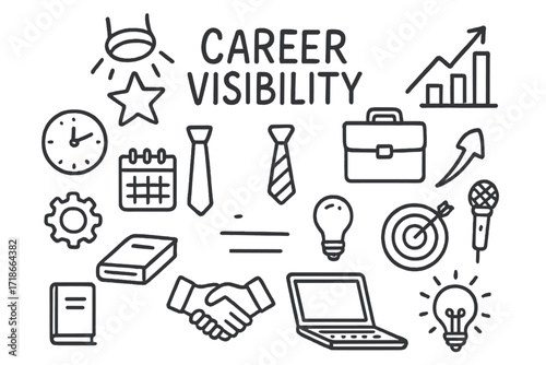 Career Journey Illustration. Hand-drawn doodle illustration Career visibility [spotlight, star, arrow, graph, briefcase, tie, clock, calendar, gear, book,