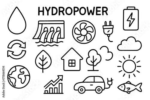 Hydropower Cartoon Doodles. Hand-drawn doodle illustration Hydropower [water droplet, dam, turbine, battery, plug, recycle symbol, house, tree, cloud, sun,