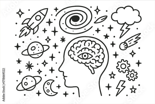 Surreal Mind Galaxy. Hand-drawn doodle illustration surreal galaxy of the mind galaxy swirl, black hole, spiral, human head, brain, star, planet, comet,