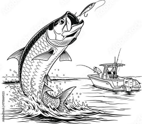 Fishing scene with a jumping fish black and white vector illustration