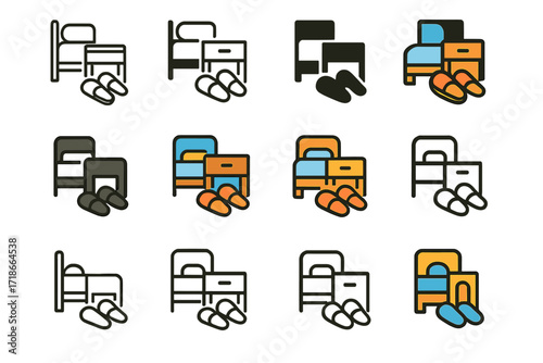 Slipper Logos Grid. Set Logo of Slippers by the Bedside: Slippers Next to Nightstand. Logo set in vector style, emblematic variations. line, bold thick line,