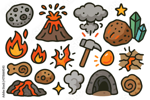 Volcanic Doodle Elements. Colorful Hand-drawn doodle Children illustration volcanic rocks lava stone, hot boulder, pumice rock, mountain, crack in ground, fire