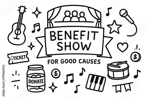 Benefit Show Icons. Hand-drawn doodle illustration Benefit show for good causes [stage, guitar, microphone, drum, keyboard, sparkle, star, heart, donation jar,