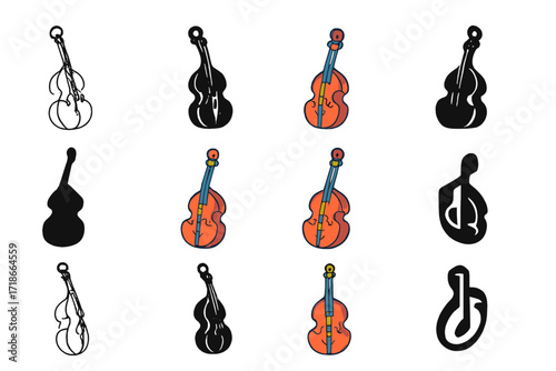 Orchestra Logo Variations. Set Logo of Symphony Orchestra: Double Bass. Logo set in vector style, emblematic variations. line, bold thick line, solid black