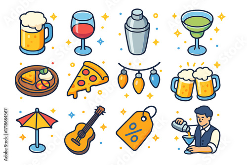 Colorful Happy Hour Icons. Happy Hour. Colorful isometric vector icons set of happy hour: beer mug, wine glass, cocktail shaker, margarita glass, appetizer
