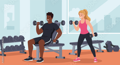 Young black man and woman exercising with dumbbells in gym  