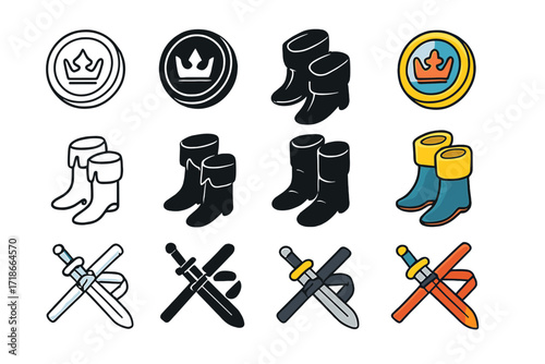 Noble Symbols Icon Set. Icon Set of Noble Symbols: Prince?s seal, Elegant boots, Royal sword belt. Icons set in vector style, emblematic variations. Prince?s