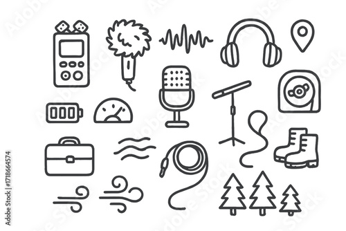 Field Recording Tools. Hand-drawn doodle illustration Field sound recording handheld recorder, windscreen mic, headphones, audio wave, location pin, battery