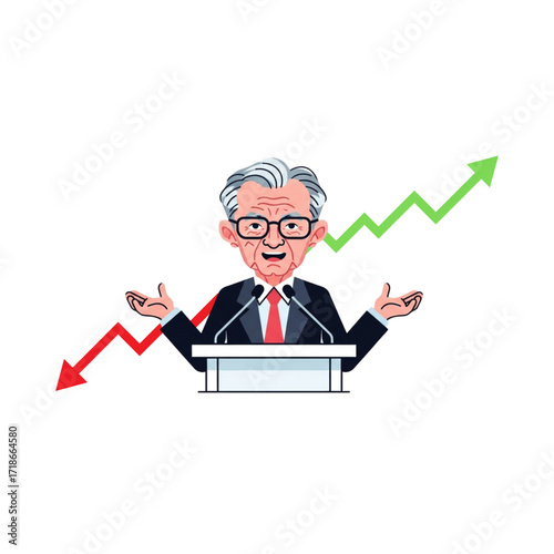 Financial uncertainty Cartoon of a speaker with rising and falling graphs behind him