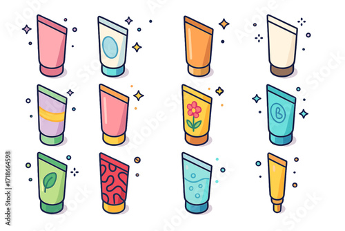 Colorful Cosmetic Icons. Colorful isometric vector icons set of cosmetic tube design: matte lotion tube, glossy face cream tube, metallic tinted moisturizer,
