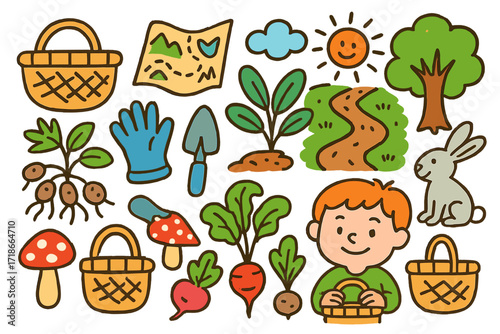 Children's Nature Foraging. Colorful Hand-drawn doodle Children illustration Wild root vegetable foraging basket, map, earthnut root, glove, trowel, plant