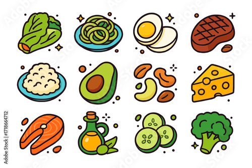 Low Carb Icons. Low carb. Colorful isometric vector icons set of low carb: lettuce wrap, zucchini noodles, boiled egg, grilled steak, cauliflower rice,