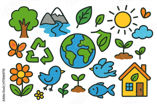 Environmental Protection Doodle. Colorful Hand-drawn doodle Children illustration Environmental protection [Earth globe, shield, green leaf, recycling arrows,