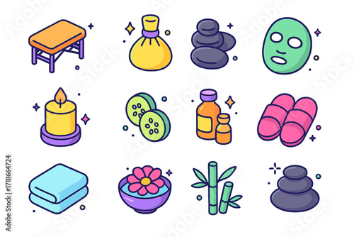 Vibrant Spa Icons. Colorful isometric vector icons set of spa wellness: massage table, herbal compress, hot stones, facial mask, spa candle, cucumber slices,