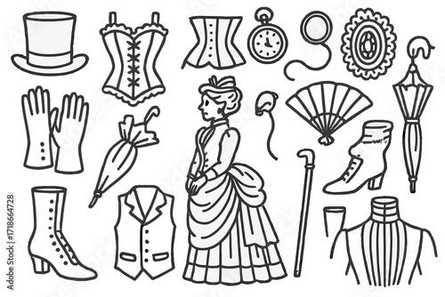 Victorian Fashion Doodle Icons. Hand-drawn doodle illustration Victorian fashion [top hat, corset, crinoline, lace, brooch, pocket watch, gloves, umbrella,