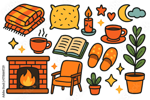 Cozy Doodle Collection. Cozy. Colorful Hand-drawn doodle Children illustration blanket, pillow, candle, tea cup, book, fireplace, slippers, star, heart, moon,
