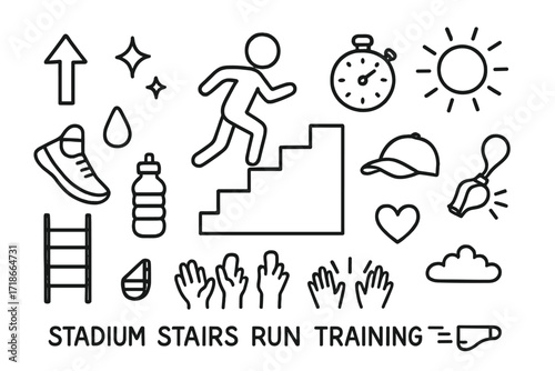 Stadium Stairs Training. Hand-drawn doodle illustration Stadium stairs run training [stadium steps, running shoes, stopwatch, water bottle, cap, whistle, sweat