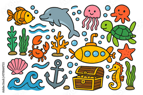Underwater Doodle Adventure. Colorful Hand-drawn doodle Children illustration Underwater world fish, dolphin, turtle, seaweed,