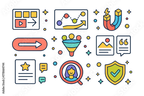 Colorful Marketing Icons Set. Colorful isometric vector icons set of storytelling in marketing strategy: campaign storyboard, customer journey map,