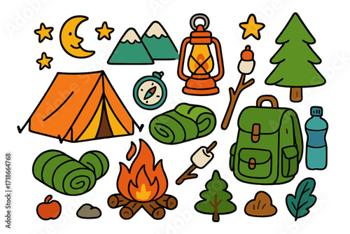 Colorful Camping Adventure. Camping. Colorful Hand-drawn doodle Children illustration Camping tent, sleeping bag, campfire, marshmallow stick, lantern,