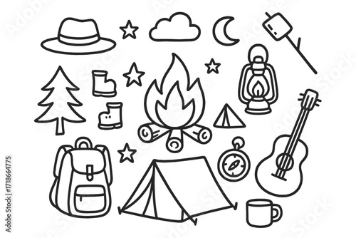 Camping Essentials Doodle. Hand-drawn doodle illustration Camping bonfire [bonfire flames, logs, tent, pine tree, backpack, boots, hat, marshmallow on stick,