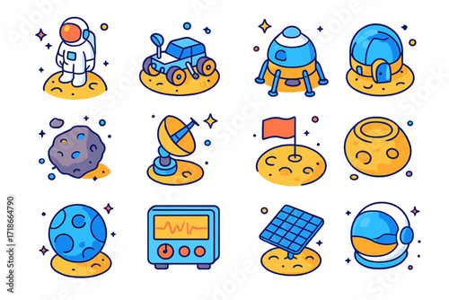 Moon Exploration Icons. Colorful isometric vector icons set of Moon exploration: astronaut on moon, moon rover, lunar module, moon