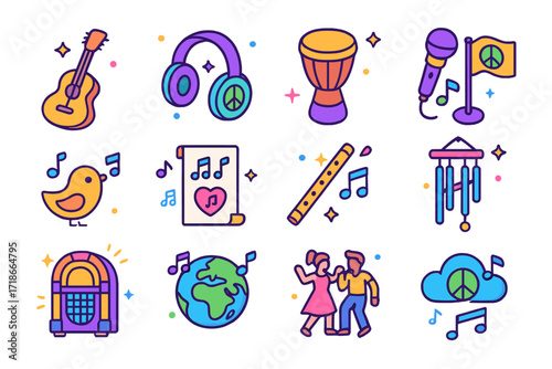 Peaceful Music Icons. Colorful isometric vector icons set of Peace and music: acoustic guitar, peace headphones, djembe drum,