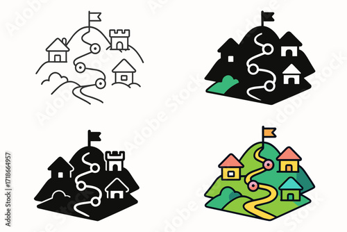Colorful Isometric Map. Level map line, Level map solid black filled, Level map solid black isometric, Level map isometric flat (Colorful isometric with bright