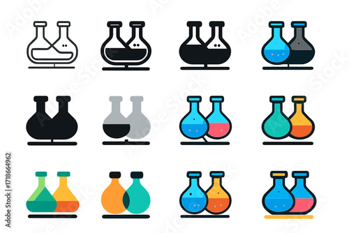 Colorful Flask Logos. Set Logo of Flasks: Twin flasks in balance. Logo set in vector style, emblematic variations. line, bold thick line, solid black filled,