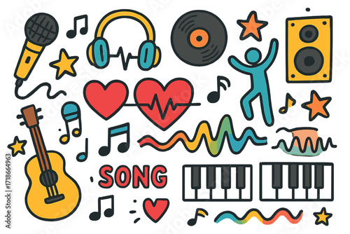 Musical Doodle Extravaganza. Colorful Hand-drawn doodle Children illustration Music and heartbeat music note, headphones, beating heart, microphone, record,