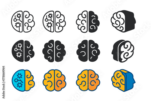 Creative Brain Logos. Set Logo of Neuropsychology of creativity and problem-solving: Creative brain hemisphere. Logo set in vector style, emblematic