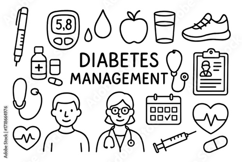 Diabetes Management Doodle Icons. Hand-drawn doodle illustration Diabetes management Insulin pen, glucose meter, blood drop, apple, water glass, exercise shoe,