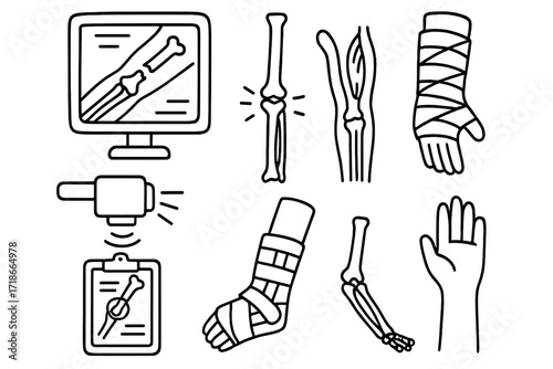 X-Ray Arm Illustration. Hand-drawn doodle illustration Arm X-ray humerus, elbow joint, forearm bones, wrist icon, scan screen, fracture line, cast, X-ray
