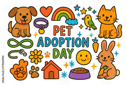 Pet Adoption Fun. Colorful Hand-drawn doodle Children illustration Pet Adoption Day [dog, cat, rabbit, bird, leash, collar, heart, paw print, rainbow, spark,
