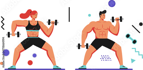 Male and female athletes lifting dumbbells in colorful abstract setting  