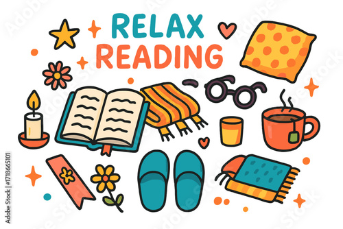 Cozy Reading Moments. Relax Reading. Colorful Hand-drawn doodle Children illustration open book, glasses, blanket, pillow, cup of tea, candle, bookmark,