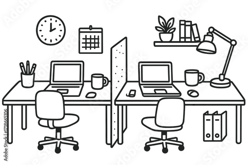 Shared Home Office Doodles. Hand-drawn doodle illustration Shared home office [two desks, chairs, laptops, divider, calendar, clock, books, plant, pen holders,