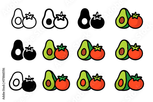 Fresh Salad Logos. Set Logo of preparing a fresh salad with avocado, tomatoes, and greens: Avocado and tomato duo icon. Logo set in vector style, emblematic