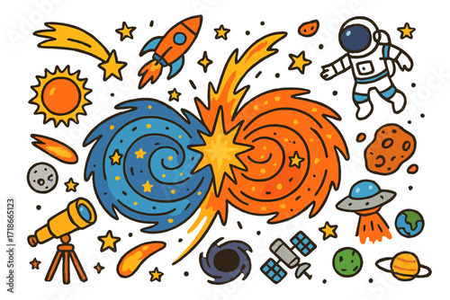 Galactic Doodle Adventure. Colorful Hand-drawn doodle Children illustration Colliding galaxies [two galaxy spirals, starburst, comet, rocket, telescope,