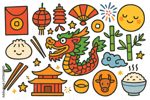 Lunar New Year Symbols. Colorful Hand-drawn doodle Children illustration Lunar New Year red envelope, lantern, dragon, firecracker, dumpling, chopsticks,