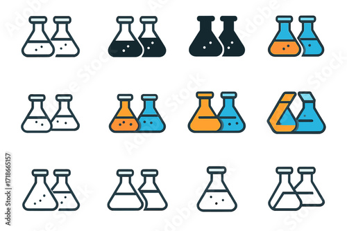 Colorful Flask Logos. Set Logo of Flasks: Twin flasks in balance. Logo set in vector style, emblematic variations. line, bold thick line, solid black filled,