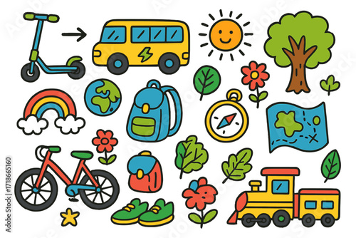 Eco Travel Doodles. Colorful Hand-drawn doodle Children illustration eco travel electric scooter, bicycle, backpack, globe, map, compass, tree, flower, sun,