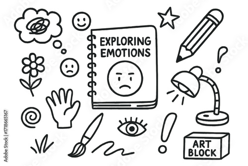 Creative Emotion Sketch Doodles. Hand-drawn doodle illustration Exploring emotions through creative sketching notebook, scribble, emotion face, thought cloud,