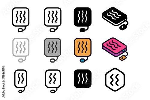 Colorful Logo Set. Set Logo of Feminine Hygiene Products and Practices: Heating Pad. Logo set in vector style, emblematic variations. line, bold thick line,
