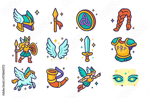 Isometric Valkyrie Icons. Colorful isometric vector icons set of Valkyries: winged helmet, golden spear, round shield with Norse knot, long braided hair,