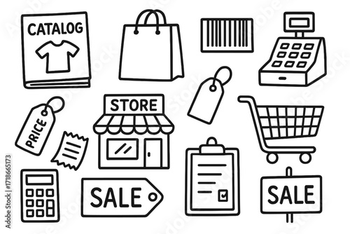 Retail Doodle Icons. Retail. Hand-drawn doodle illustration catalog, shopping bag, barcode, cash register, price tag, receipt, store building, cart,