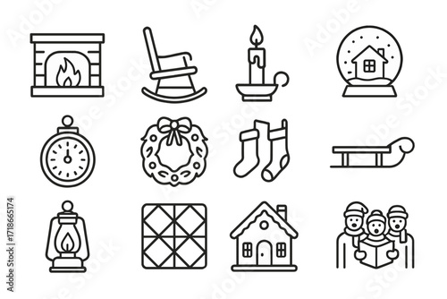 Old-Fashioned Holiday Icons. Old-fashioned holidays. Line icon set of old-fashioned holidays: fireplace, rocking chair, candle, snow globe, clock, wreath,