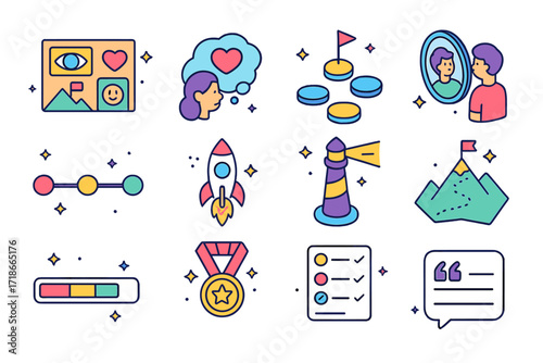 Isometric Goal Icons. Colorful isometric vector icons set of vision and goal setting: vision board, dream bubble, stepping stones to goal, future