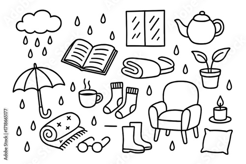 Rainy Day Doodles. Hand-drawn doodle illustration Rainy day reading book, rain cloud, window, tea pot, blanket, socks, plant, cup, raindrop, candle, umbrella,