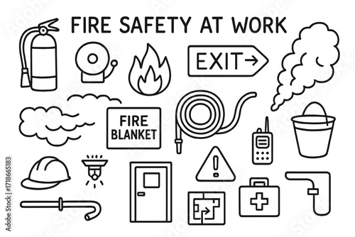 Workplace Fire Safety Icons. Hand-drawn doodle illustration [fire safety at work] [fire extinguisher, alarm bell, flame, exit sign, smoke, fire blanket, hose,